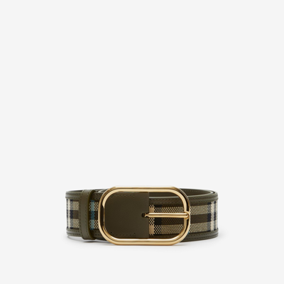 Shop Burberry Wide Check And Leather Belt In Olive Green