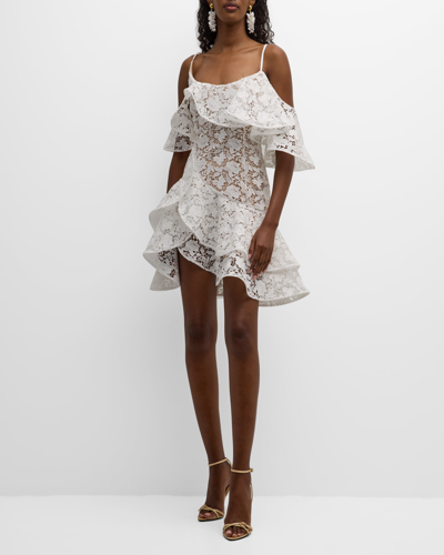 Shop Oscar De La Renta Gardenia Guipure Ruffle Cold-shoulder Tiered Mini Dress In White