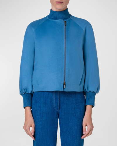 Shop Akris Punto Asymmetrical Cashmere-wool Bomber Jacket In Medium Blue Denim