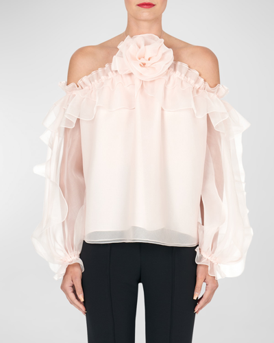 Shop Carolina Herrera Ruffle Halter Top With Floral Applique Detail In Blush