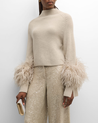 Shop Lapointe Feather-trim Slit-sleeve Crop Sweater In Melange Gray