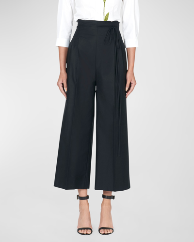 Shop Carolina Herrera High-rise Pleated Wide-leg Crop Pants With Waist Tie In Black