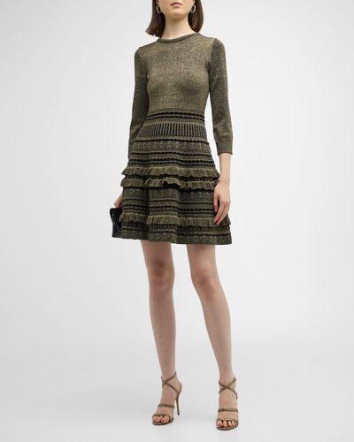Shop Shoshanna Dari Ruffle-trim Shimmer Knit Mini Dress In Jetgold