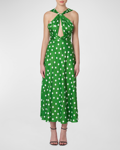 Shop Carolina Herrera Polka Dot Keyhole Twisted Halter Dress In Grasshopper Mul