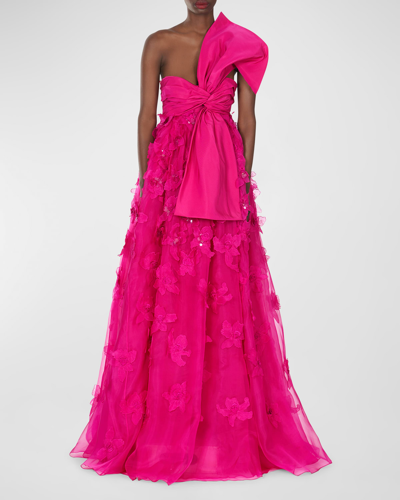 Shop Carolina Herrera Embellished Floral Applique Gown With Wrap Front In Begonia