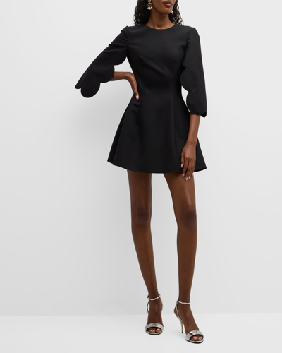 Shop Oscar De La Renta Scalloped Slit-sleeve Jewel-neck Stretch Wool Mini Dress In Black