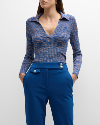 Shop Veronica Beard Chandra Long-sleeve Knit Polo Top In Blue Multi