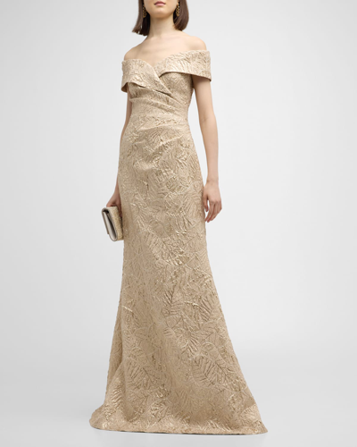 Shop Rickie Freeman For Teri Jon Off-shoulder Metallic Jacquard Gown In Gold