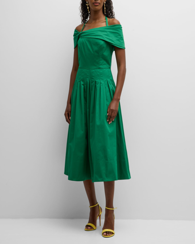Shop Oscar De La Renta Off-the-shoulder Halter Pleated Cotton Midi Dress In Emerald