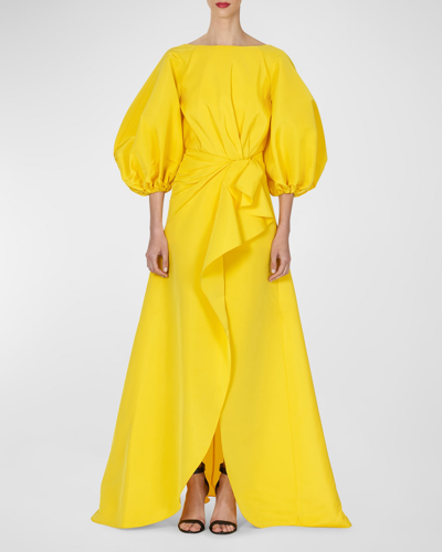 Shop Carolina Herrera High-neck Puff-sleeve Draped Sarong Gown In Taxi Cab