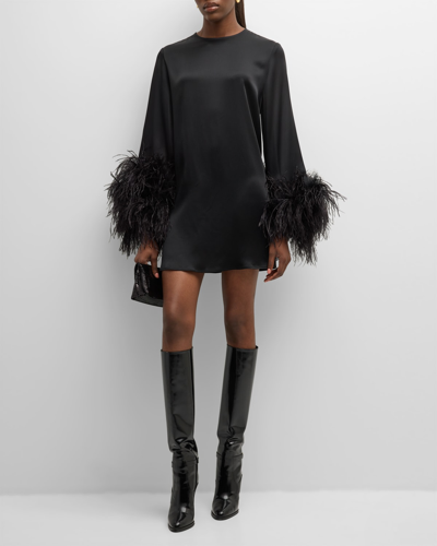 Shop Lapointe Feather-trim Long-sleeve Satin Mini Shift Dress In Black