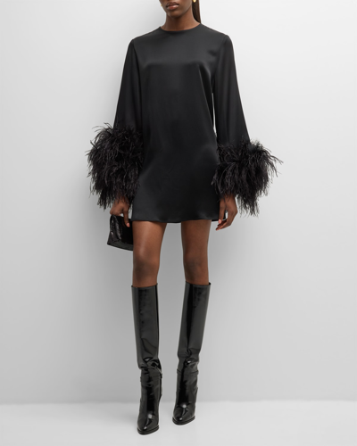 Lapointe Feather-trim Long-sleeve Satin Mini Shift Dress In Black
