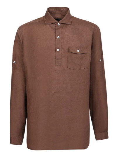 Shop Lardini Brown Linen Chest Pocket Shirt