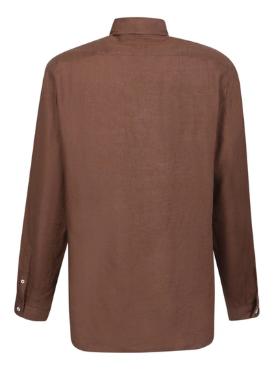 Shop Lardini Brown Linen Chest Pocket Shirt