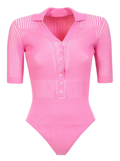 Shop Jacquemus Pink Ribbed Knit Bodysuit