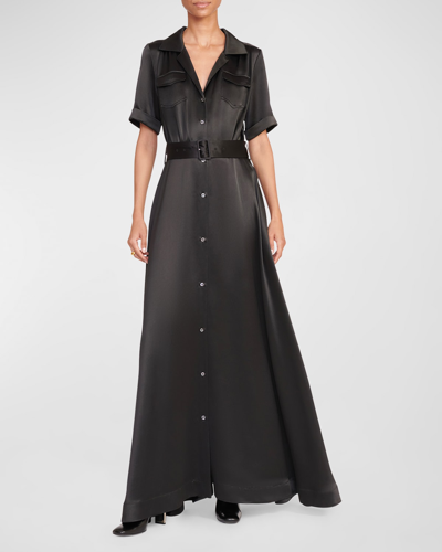 Shop Staud Millie Belted Short-sleeve Maxi Dress In Black