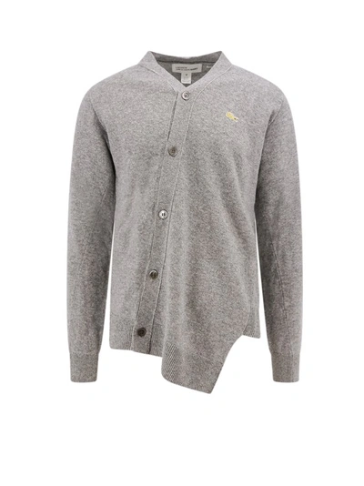 Shop Comme Des Garçons Wool Cardigan With Frontal Lacoste Patch In Grey