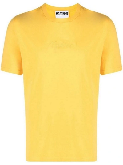 Shop Moschino Yellow Logo Embroidered T-shirt In Gold