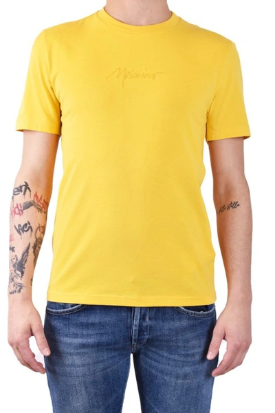 Shop Moschino Yellow Logo Embroidered T-shirt In Gold