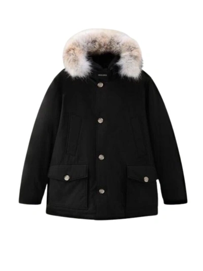 Shop Woolrich Black Down Filled Jacket With Fur Hood