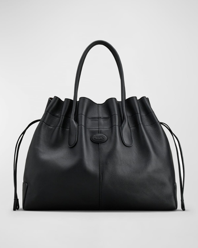 Shop Tod's Drawstring Ruched Leather Tote Bag In Nero