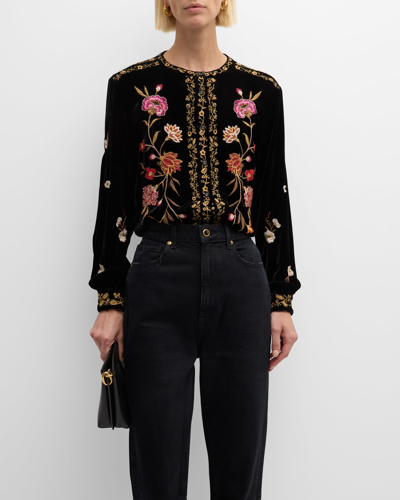Shop Johnny Was Quinn Floral-embroidered Velvet Shirt In Black