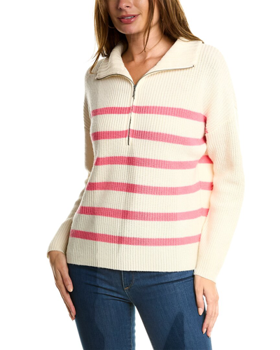 Shop Forte Cashmere Striped Rib Mock Neck Wool & Cashmere-blend 1/2-zip Sweater In White