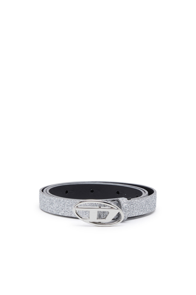Shop Diesel Slim Glittery Belt With Oval D Buckle In Silver