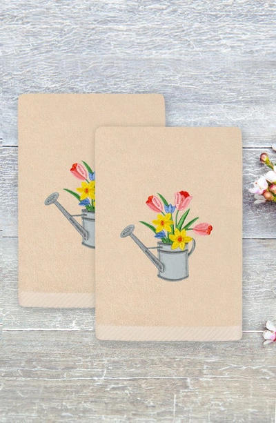 Shop Linum Home Textiles Set Of 2 Spring Watering Can Floral Embroidered Turkish Cotton Hand Towels In Sand