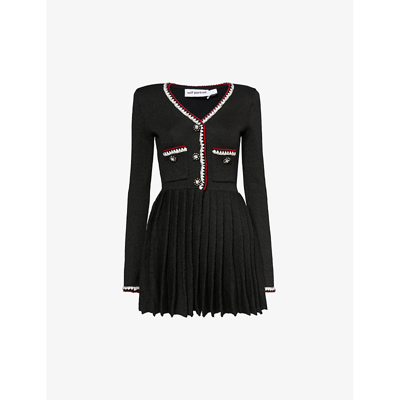 Shop Self-portrait Women's Black Pleated-skirt Contrast-stripe Woven-blend Mini Dress