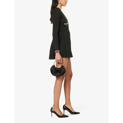 Shop Self-portrait Women's Black Pleated-skirt Contrast-stripe Woven-blend Mini Dress