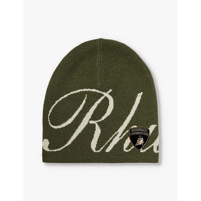 Shop Rhude Mens Olive Ivory Lamborghini Brand-typography Wool-blend Beanie Hat