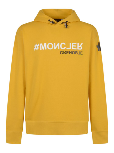 Shop Moncler Grenoble Logo Printed Drawstring Hoodie In Yellow