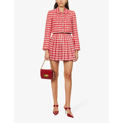 Shop Self-portrait Women's Red Checked Metallic-bouclé Woven Mini Skirt