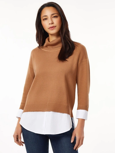 Shop Jones New York Turtleneck Sweater Woven Shirt Combo Top In Multi