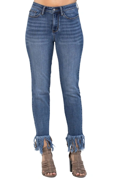 Shop Judy Blue High Rise Frayed Hem Relaxed Fit Jean In Dark Wash In Blue