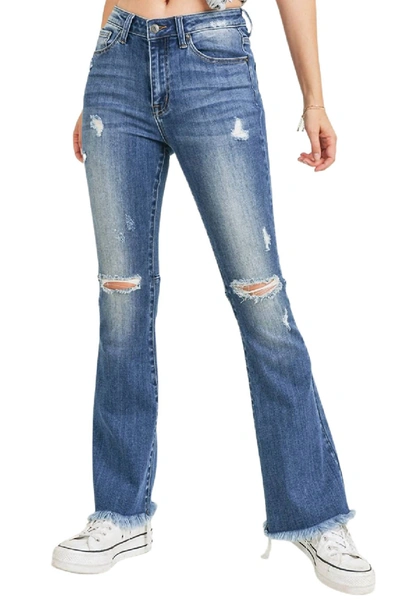 Shop Risen Flare Distressed Knee High Rise Jean In Medium Wash In Multi