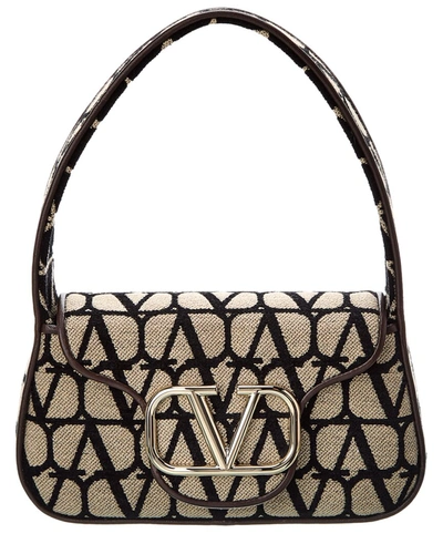 Shop Valentino Vlogo Small Toile Iconographe Canvas & Leather Shoulder Bag In Beige