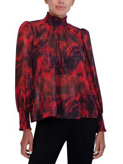 Shop Bcbgmaxazria Womens Metallic Mock Neck Blouse In Red