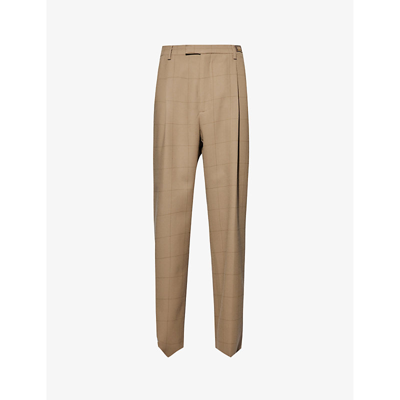 Shop Gucci Men's Camel Green Check-print Straight-leg High-rise Wool Trousers