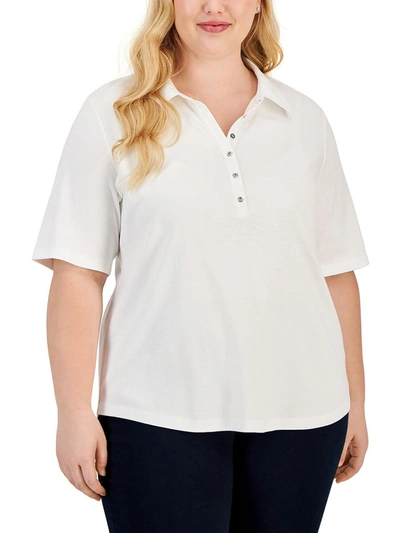 Shop Karen Scott Plus Womens Mixed Media Button Up Polo Top In White