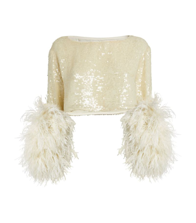 Shop Lapointe Sequinned Feather-trim Crop Top In Ivory
