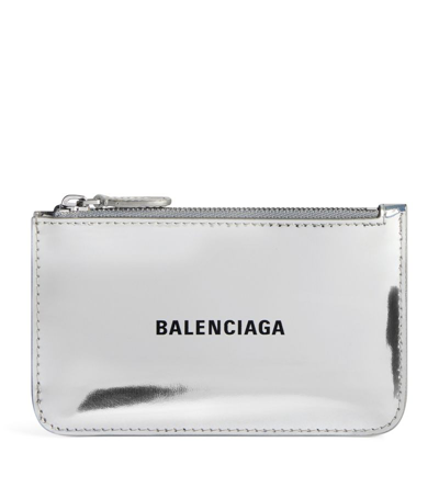 Shop Balenciaga Leather Logo Coin And Card Holder In Grey