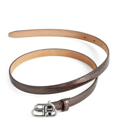 Shop Balenciaga Leather Lamé Croc-embossed Bb Belt In Brown