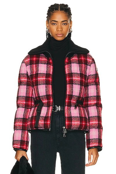 Moncler Zambeze Wool Check Belted Puffer Jacket In Pink Plaid