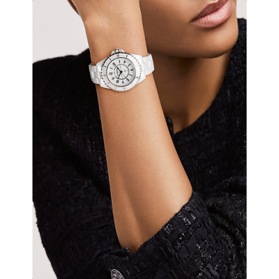 Pre-owned Chanel White H5698 J12 Ceramic And Steel Quartz Watch