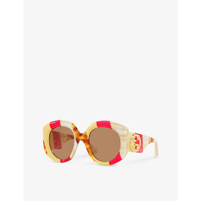 Shop Gucci Women's Brown Gc002055 Gg1308s Round-frame Acetate Sunglasses