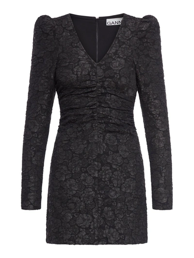 Shop Ganni Stretch Jacquard V-neck Mini Dress In Black