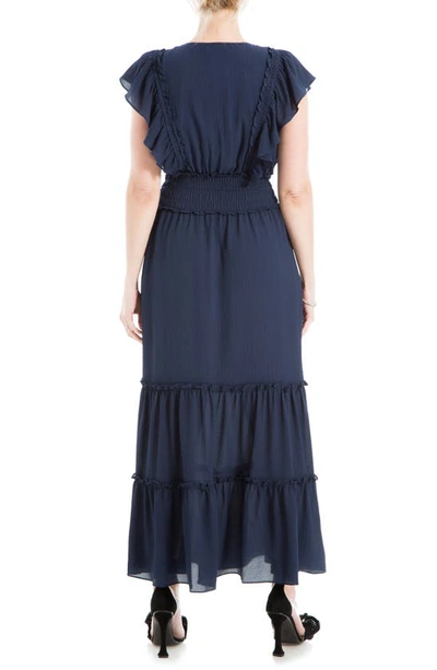 Max Studio Pebble Crepe Flutter Sleeve Maxi Dress In Navy