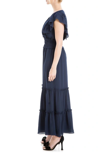 Max Studio Pebble Crepe Flutter Sleeve Maxi Dress In Navy